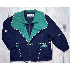Vintage Mulberry Street Windbreaker Jacket Blue Green &White Trim Size Small